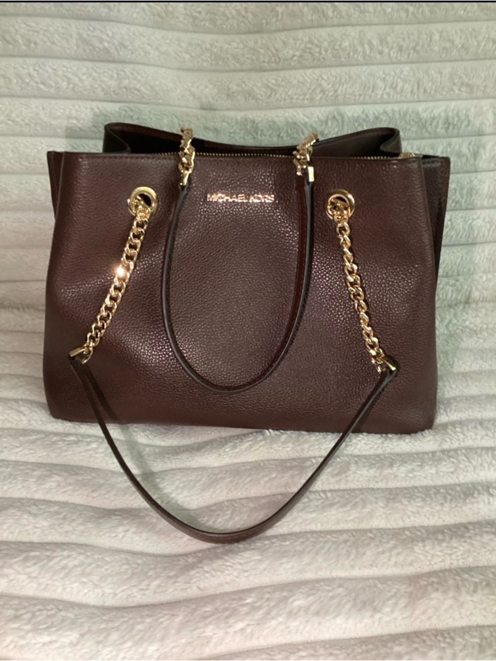 Michael Kors Dark Brown Pebbled Leather Tote with Gold Chain Straps